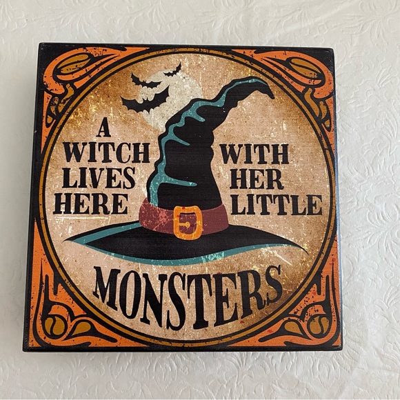 Halloween Composite Wood Sign- A Witch Lives Here With Her Little Monsters - Picture 1 of 2